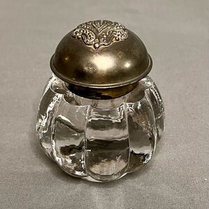 Antique Cut Glass Round Ink Well W/ Metal Embossed Cap Heavy 3.25x3.75”